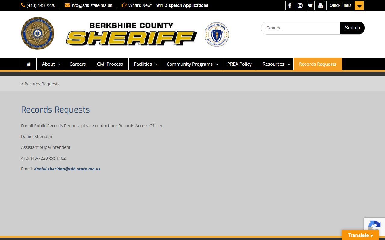 Berkshire County public records request contact for inmate records