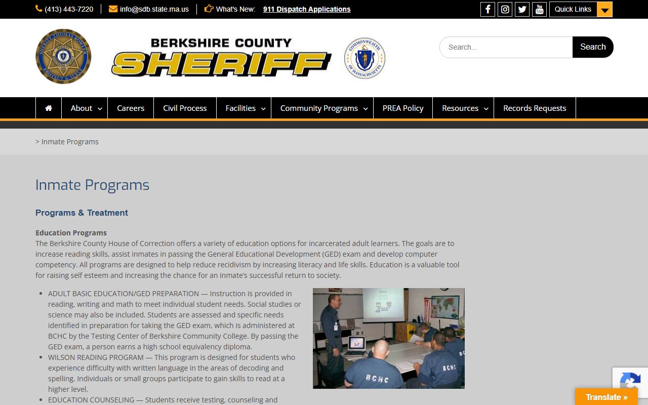 Berkshire County Jail and House of Correction inmate programs and reentry options