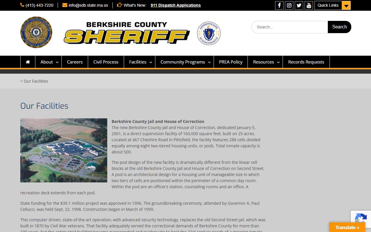 Berkshire County Jail and House of Correction inmate lookup facility overview