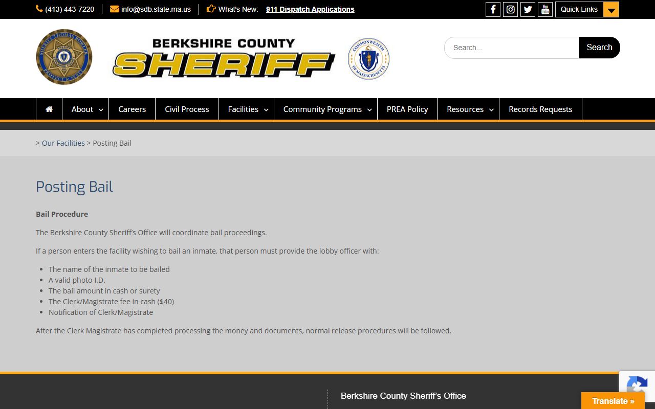 Berkshire County Jail and House of Correction inmate bail posting requirements