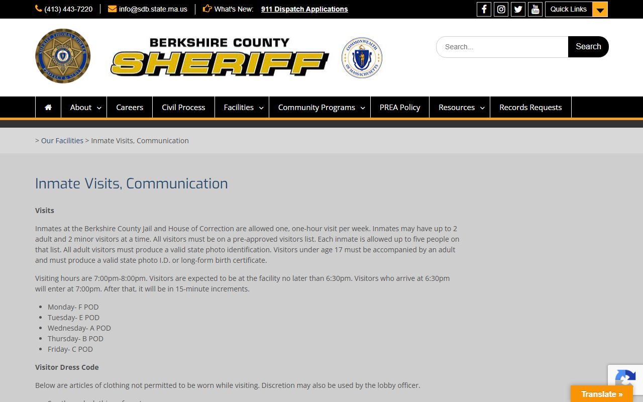 Berkshire County Jail and House of Correction inmate visitation schedule and communication rules